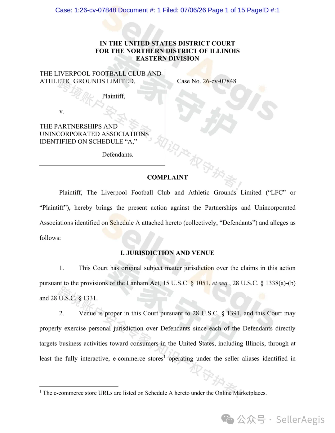 【TRO 26-cv-7848】英超豪门利物浦（Liverpool）商标案PI禁令已下！19名英超球衣/球迷周边 卖家涉案，点击查看被告名单！